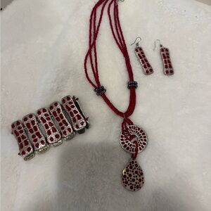 Bold Red and Silver Beaded Jewelry Set